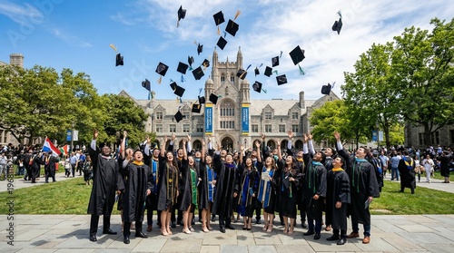 Graduates Celebrating With Thrown Caps High.