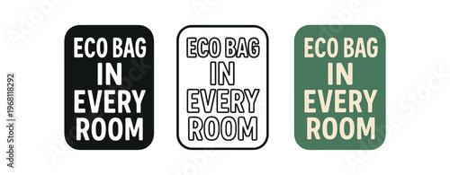 Eco bag in every room icon set. eco bag in every room, reusable bag reminder, carry bag, reduce plastic, sustainable habit, shopping tote. line, flat and colored vector icon set.