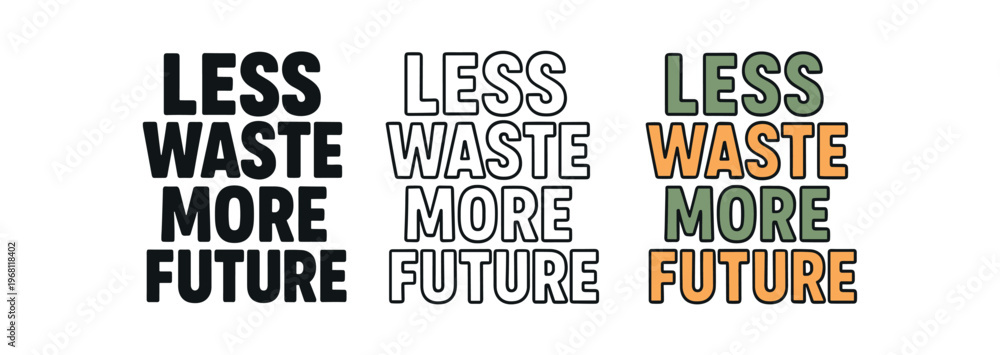 Fototapeta premium Less waste more future lettering. sustainability slogan, environmental message, zero waste, recycling, climate action. outline, flat and colored vector illustration.