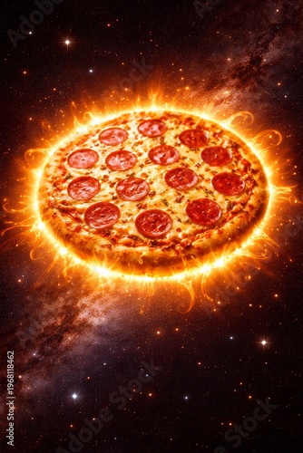 Fiery Pizza Planet Cosmic Food Concept With Glowing Energy