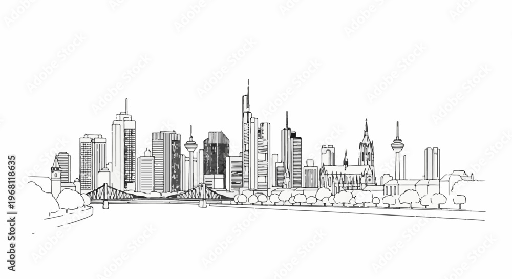 Fototapeta premium Stylized black and white skyline illustration of a city with numerous skyscrapers and a bridge