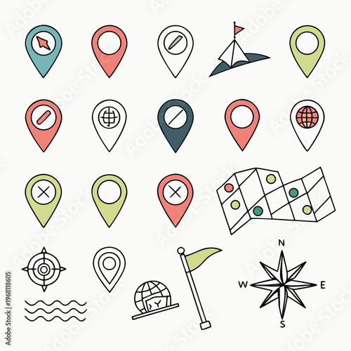 Set of outline hand drawn map pins, target icon, compass rose, globe, folded map, flag, and sailing boat on white background.