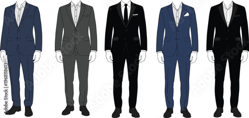 Men formal suits collection with business attire tuxedo and stylish outfits isolated on white background fashion clothing vector illustration set