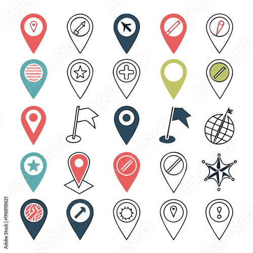 Set of colorful map pins with various symbols like airplane, pencil, star, plus sign, and globe on white background.