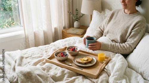 Woman eating breakfast in bed alone.