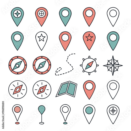 Collection of map pins, compasses, folded map, and dotted route line in flat design style on white background.