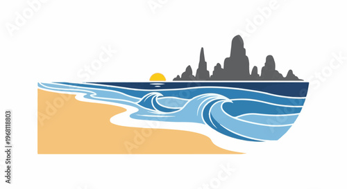 Stylized beach with crashing waves, setting sun, and rocky silhouette