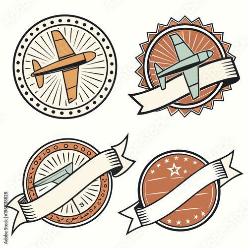 Collection of retro flight insignia with stylized airplanes and empty banners for typography on aged paper backgrounds with circular dotted borders.