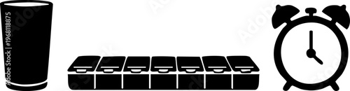 Objects icons including glass medicine organizer alarm clock on transparent background for health care.