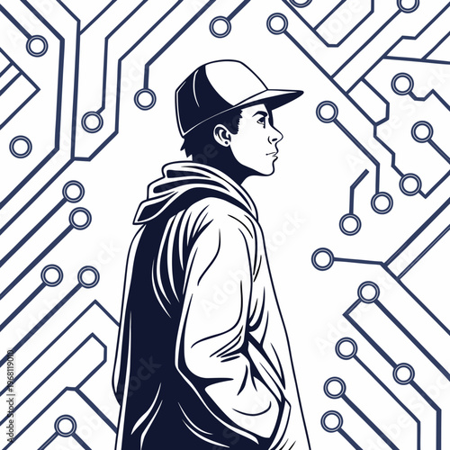 Young man wearing baseball cap looking to side on abstract circuit board background technology concept young man wearing baseball cap.