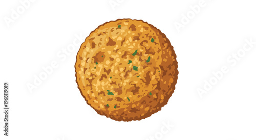 Delicious golden brown textured savory snack ball illustration, featuring intricate details and vibrant green herb flecks, ideal for culinary design