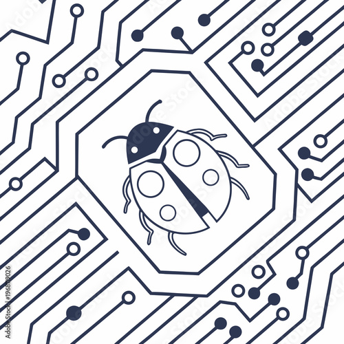 Ladybug insect on circuit board symbolizing bug in technology concept ladybug insect on circuit board symbolizing bug.
