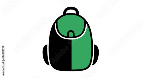 Graphic backpack illustration with a two-tone design, black and green colors on white background