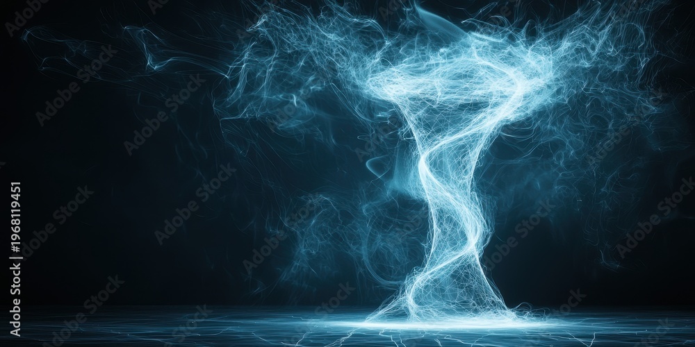 Fototapeta premium A digital blue light vortex resembling a tornado, swirling with dynamic energy and electric-like strands on a dark background.