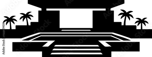 Outdoor stage setting with palm trees stairs and entrance symbol graphic.