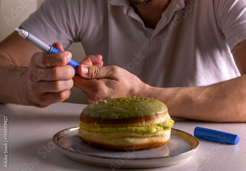 Patient adjusting insulin pen dose ozempic before injection near sweet dessert, diabetes management. GLP-1 weight loss, Tirzepatide, slimming, food noise