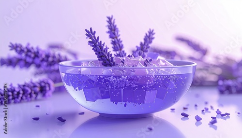 Lavender flowers in a bowl with ice, purple aesthetic, nature.