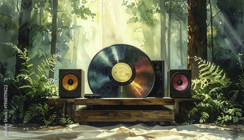 Vinyl record and speakers in a forest setting, nature and audio