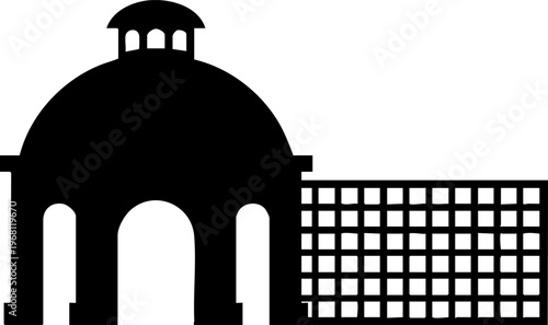 Pavilion structure with domed roof and grid fence. Architecture, building, classical, garden, design, outdoor, landmark, monument, ornamental graphic.