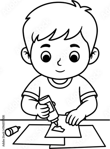 Boy Applying Glue to Paper Craft.