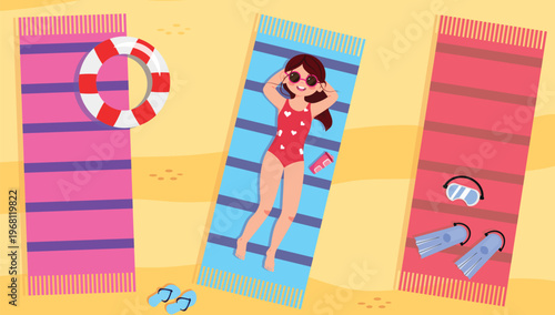 Vector illustration of a girl lying on the beach from above. Cartoon scene of a cheerful girl in sunglasses, red swimsuit, beach mats, inflatable ring, diving mask, diving fins, flip-flops, sand.