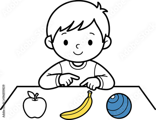 Boy choosing fruit on table.