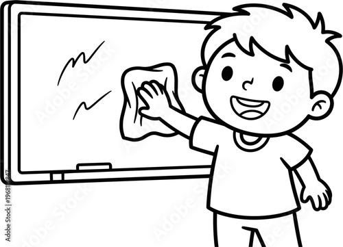 Boy Cleaning White Board With Cloth.