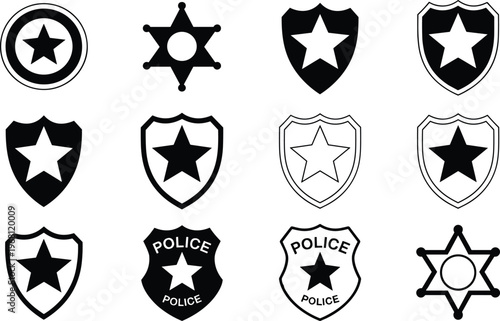 Police badge shield and sheriff star icon set with flat outline and solid styles law enforcement security vector collection isolated on white background