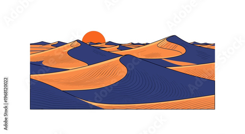 Desert landscape illustration with stylized sand dunes under a vibrant orange sun
