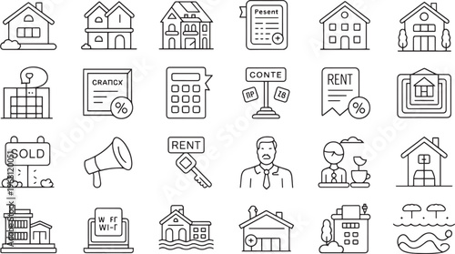 Collection of hand drawn real estate and home finance related icons isolated on transparent background