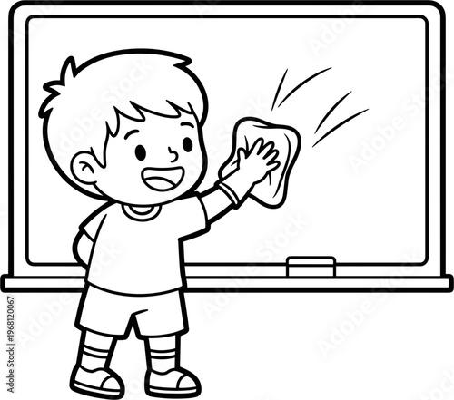 Boy Holding Eraser in Front Board.