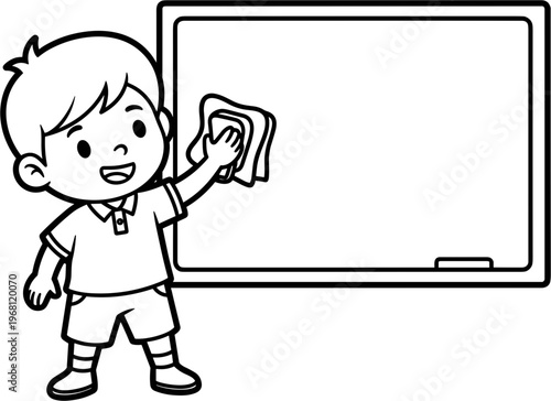 Boy Holding Eraser Standing Front Board.