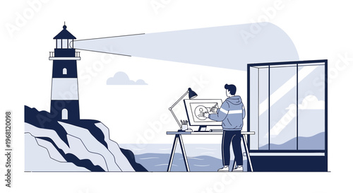 Designer working at desk with lighthouse and sea view
