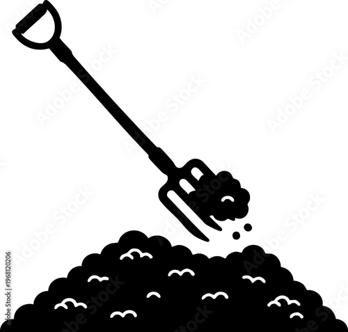 Pitchfork digging into pile of dirt with small white clouds flying out vector graphic.