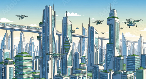 Futuristic cityscape design with drones, skyscrapers, and innovative architectural features