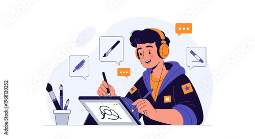 Digital Artist Drawing on Tablet with Headphones, Creative Design Process