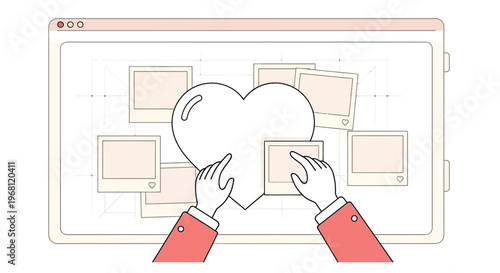 Digital Heart Design: Hands Arranging Photos on Screen