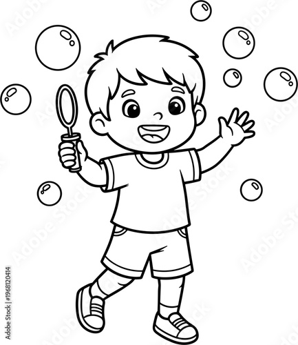 Boy Playing with Soap Bubbles Outdoors.