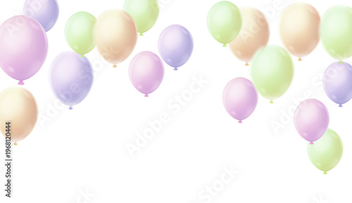 balloons in soft pastel colors, including lavender, mint green, peach, and pale pink. The balloons are scattered across the upper half of the frame