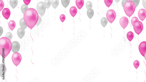 composition of glossy balloons  bright pinkmagenta and silver-white shades The balloons are floating upwards from both sides of the frame attached to delicate curling ribbons