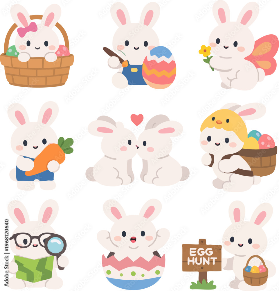 Fototapeta premium A collection of nine flat design Easter bunny illustrations in various activities. Perfect for holiday cards, decorations, and digital designs. High-quality EPS vector format Vol. 2