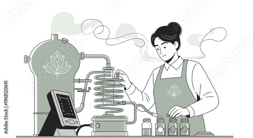 Distillation Process: Woman Operating Scientific Equipment for Extraction