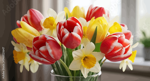 Vibrant bouquet of red tulips and yellow daffodils in a vase on a windowsill flowers