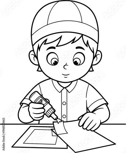 Boy Using Glue Stick on Paper.