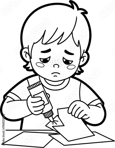 Child applying glue to paper craft.