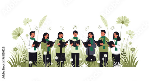 Diverse Choir Singing Outdoors in Nature with Flowers