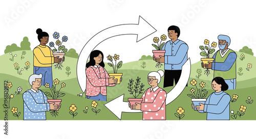 Diverse Community Gardening and Sharing Plants in a Meadow