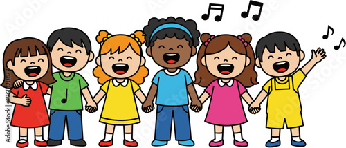 Diverse children singing together happily.