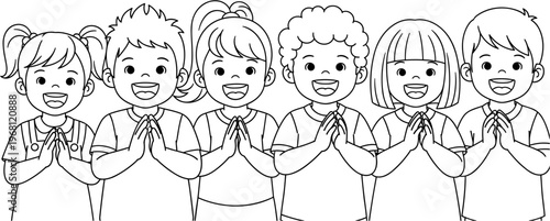 Diverse group of happy children praying.