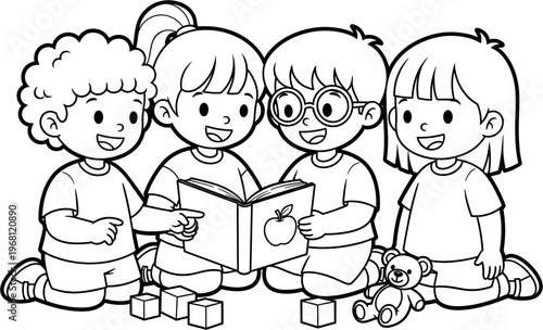 Four children reading a book together.